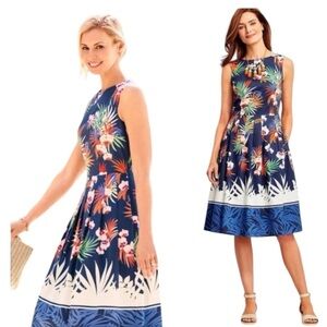 Talbots Botanical High Neckline Pleat Fit & Flare Tropical Knee Length Dress